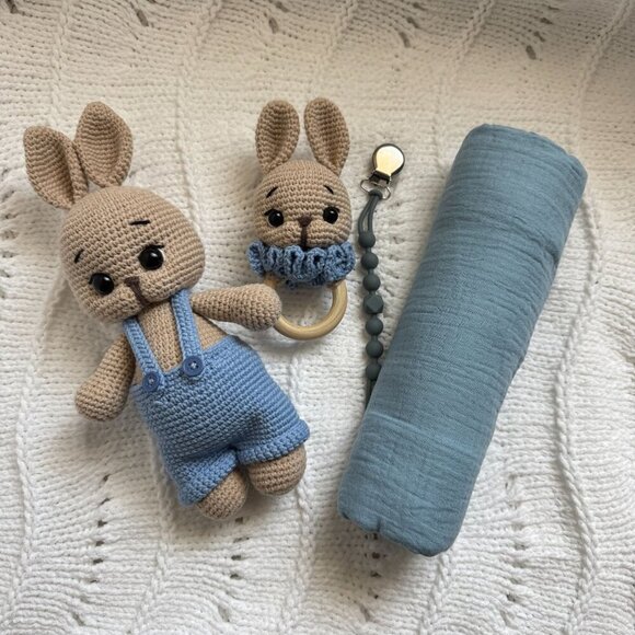 Handmade Baby Gift Set – Crochet Bunny, Rattle, Swaddle & Pacifier Clip - Picture 5 of 6